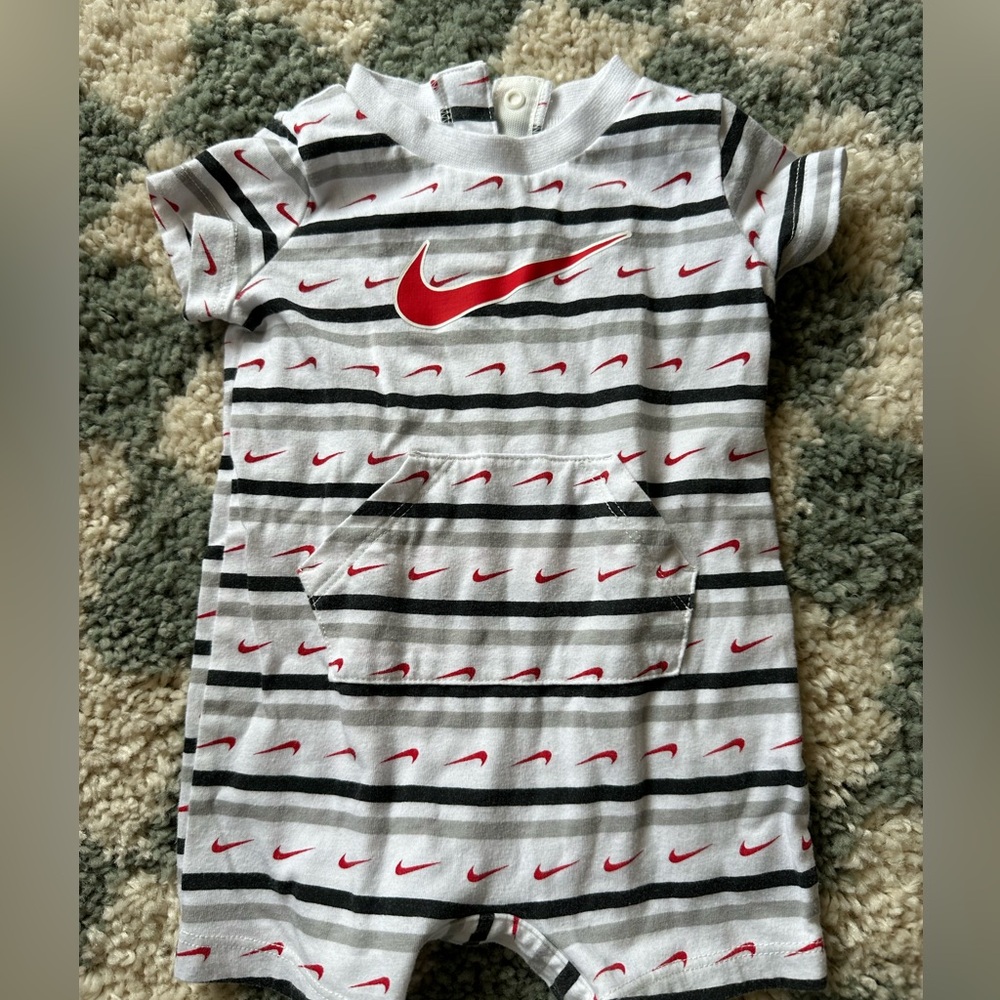 Nike, short sleeve, baby romper, onesie, bodysuit, white, black, and gray stripe